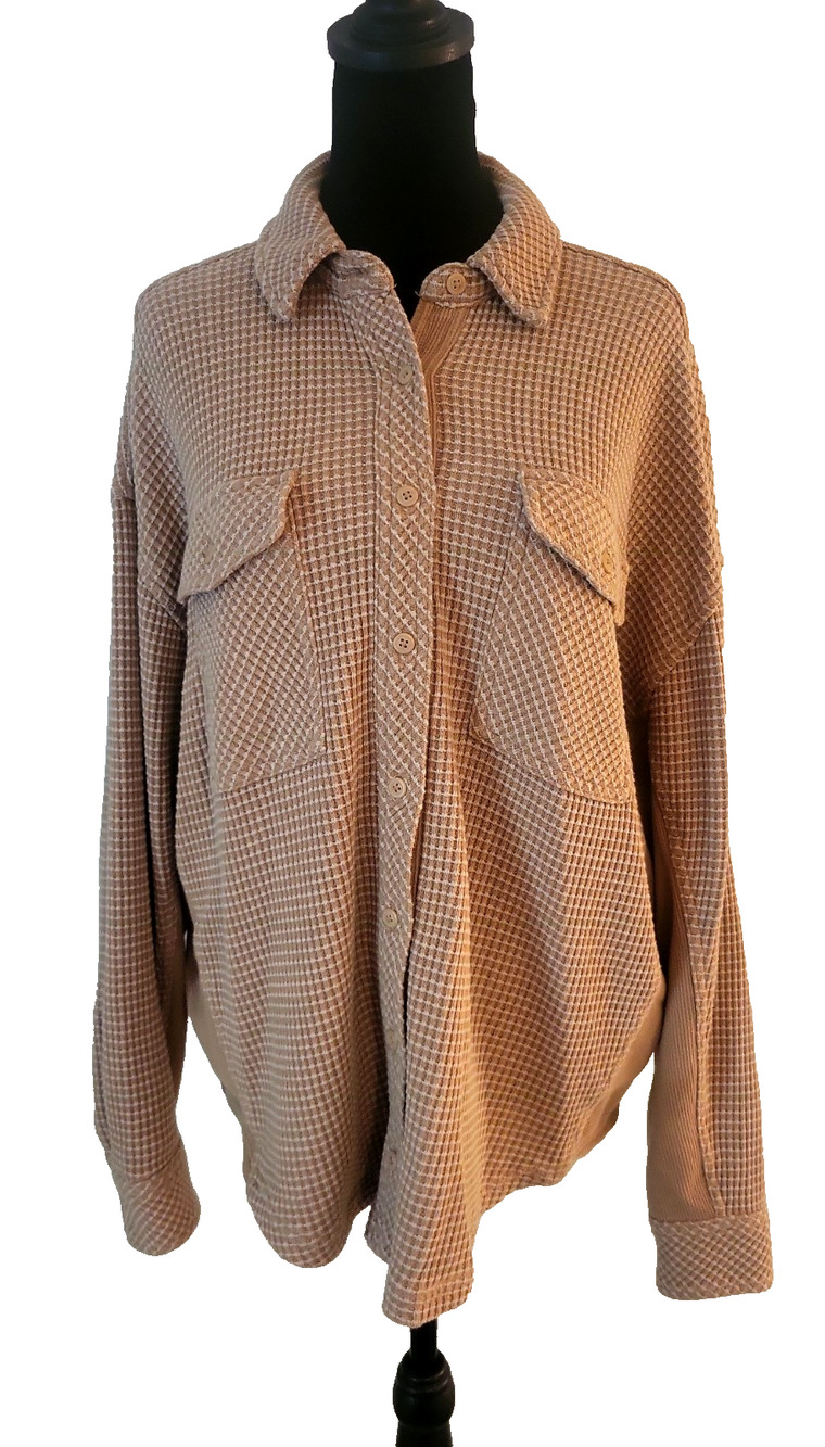 aerie Lumber Jane Shirt Womens XS Beige Waffle Oversized Boxy Button Shacket Top